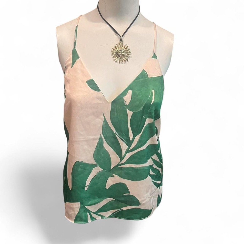 Green and white tropical leaf print slip Top Resort Vacation